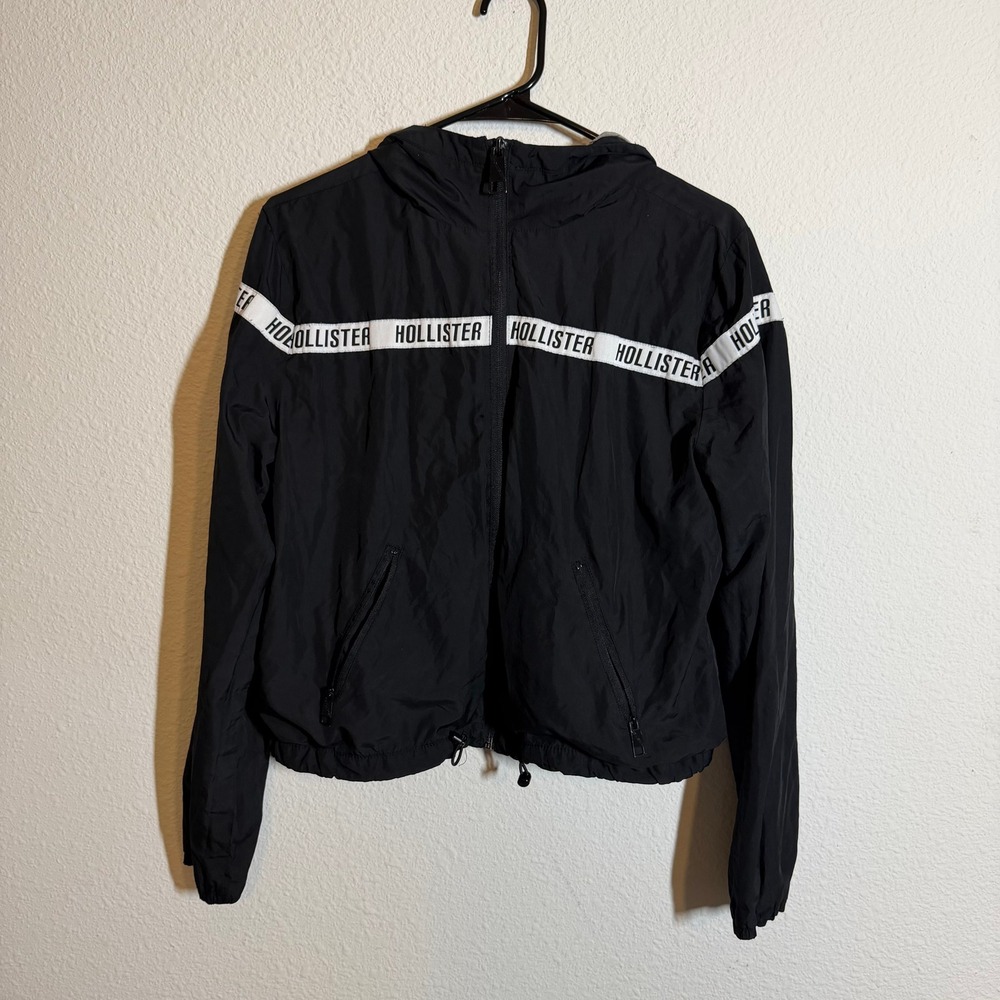 Hollister Womens Black Windbreaker Logo Tape Full Zip Hooded Jacket Size M